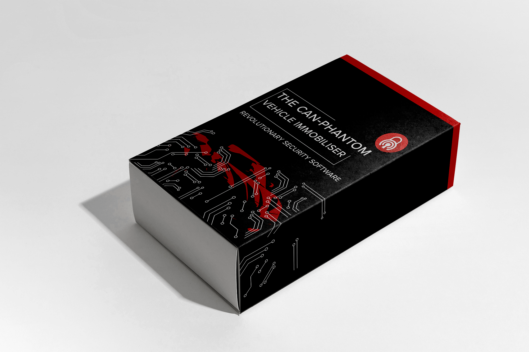 A black box with red and white text and graphics, titled "The Can-Phantom Vehicle Immobiliser," promoting revolutionary security software for vehicles.