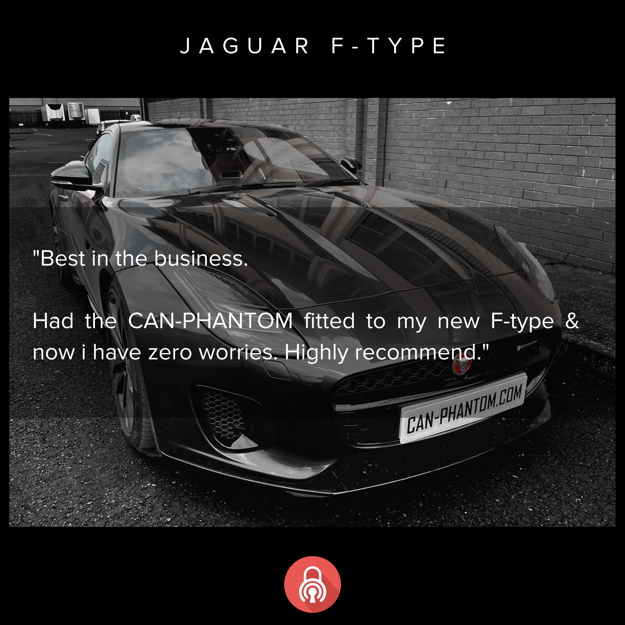 Black Jaguar F-Type parked outdoors against a brick wall with reflections on the car's surface, and an out-of-focus background.