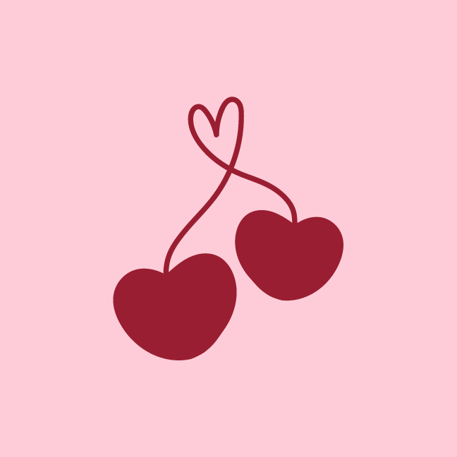 Two cherries connected by stems entwined in a romantic heart-shape on a pink background, logo for Humanist wedding celebrant Alison on two4joy.uk