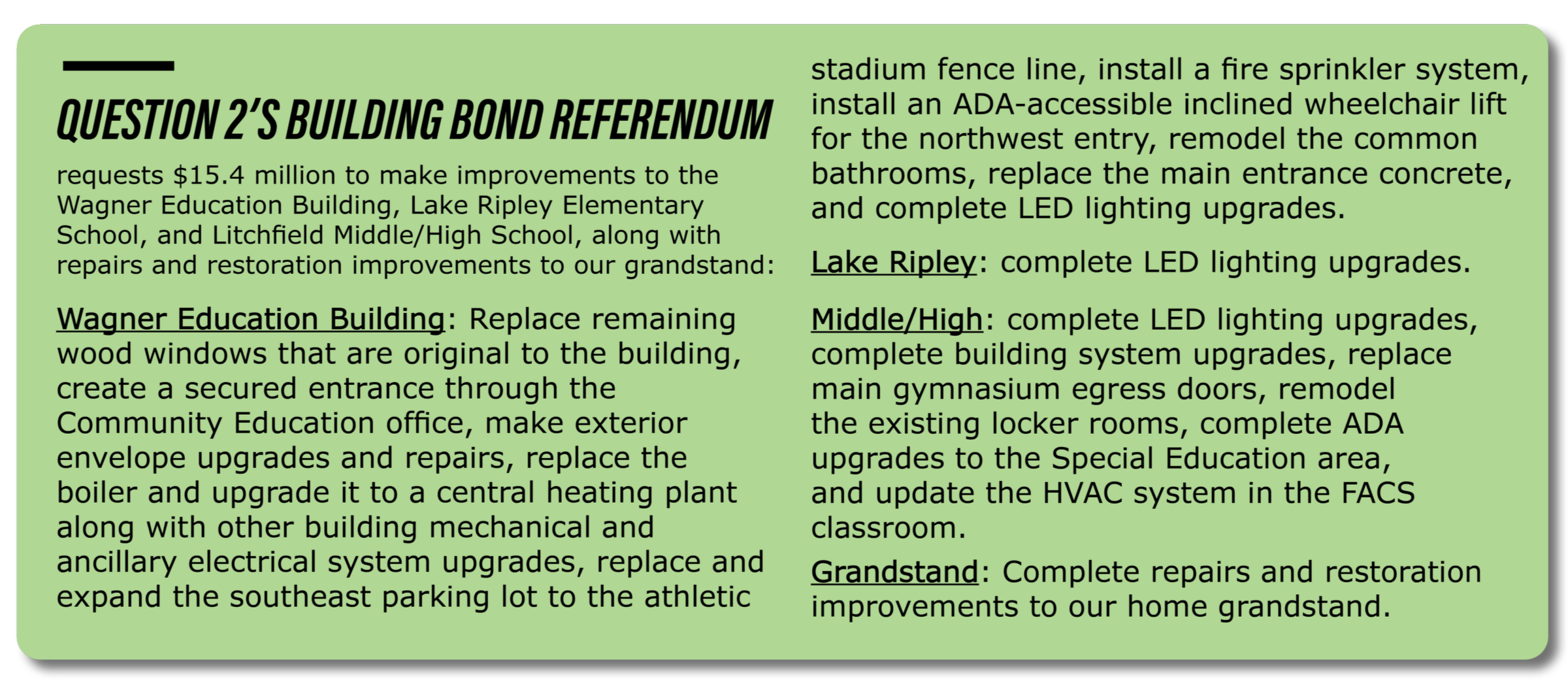 Green graphic outlining the proposed improvements and repairs for Litchfield’s building bond.