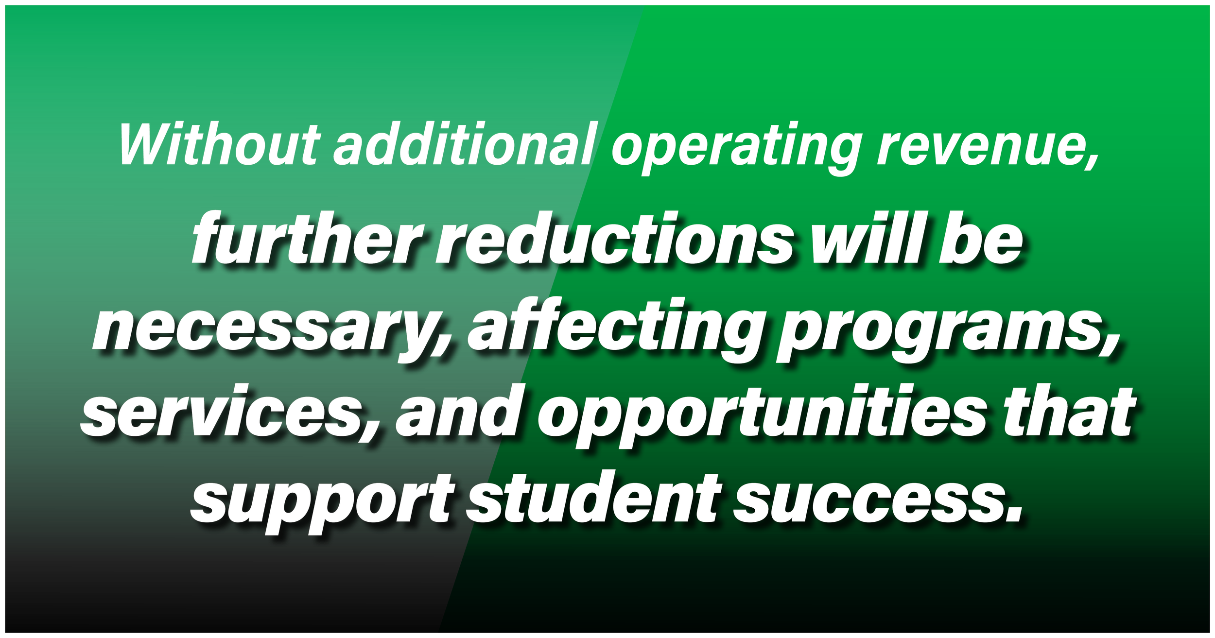 A quote on a green background that reads: "Without additional operating revenue, further reductions will be necessary, affecting programs, services, and opportunities that support student success."