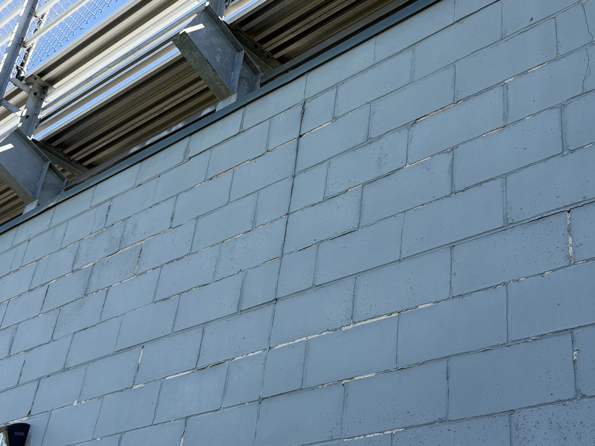 Photo showing the grandstand's deteriorated exterior.