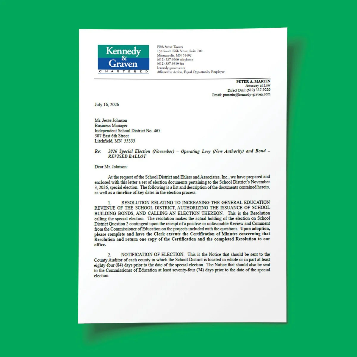 Letter on a green background from Kennedy & Graven law firm concerning school district election documents.