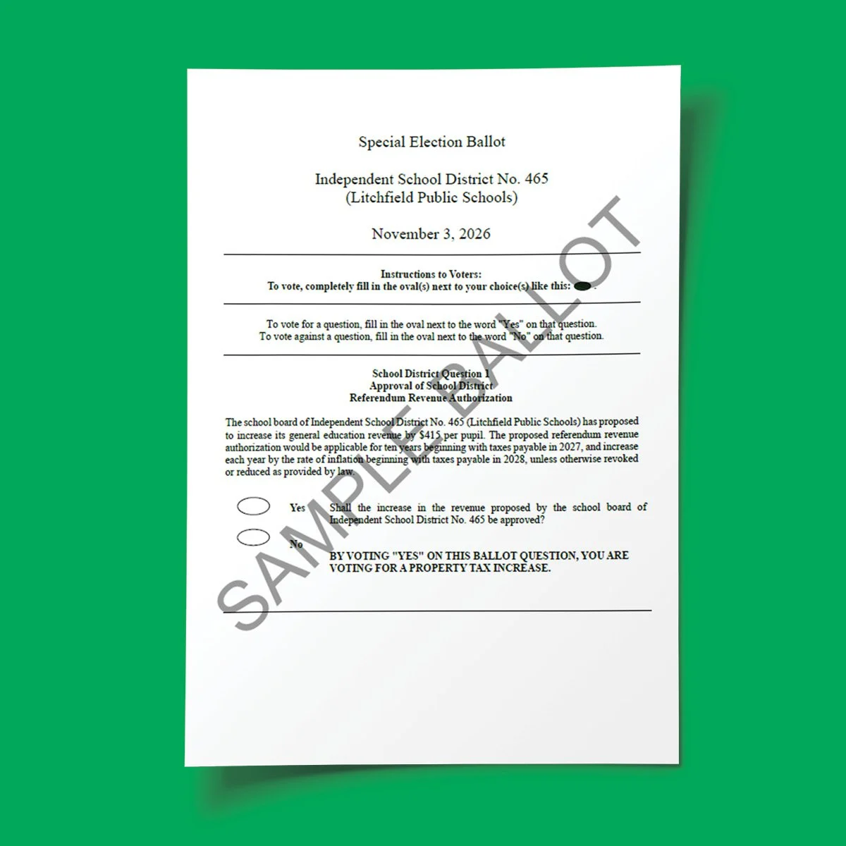 Special election ballot for Independent School District No. 465 (Litchfield Public Schools), dated November 3, 2026, with instructions for voting and a referendum question about increasing school district revenue.