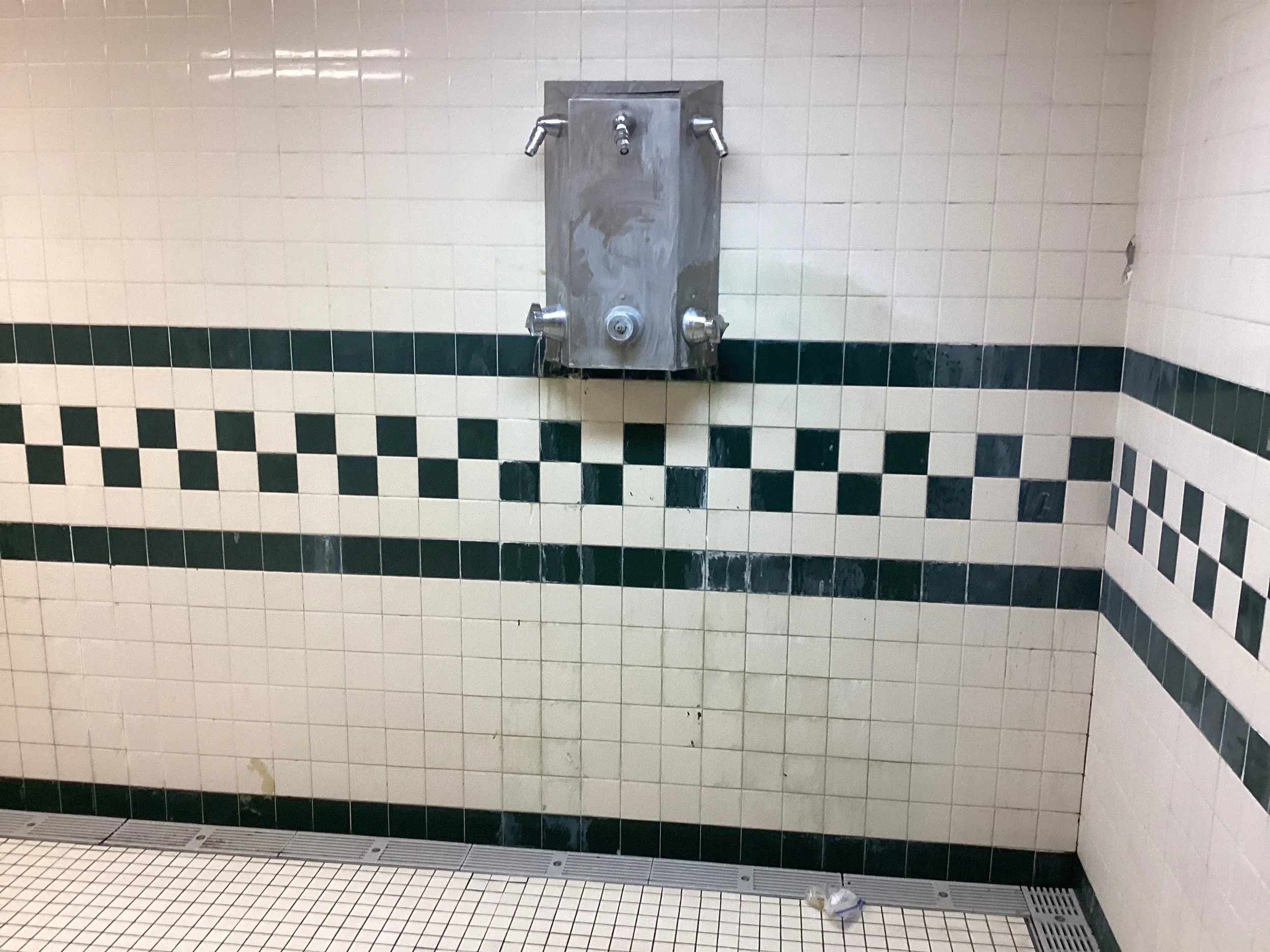 A photo showing the outdated showers in the Middle/High School locker rooms.