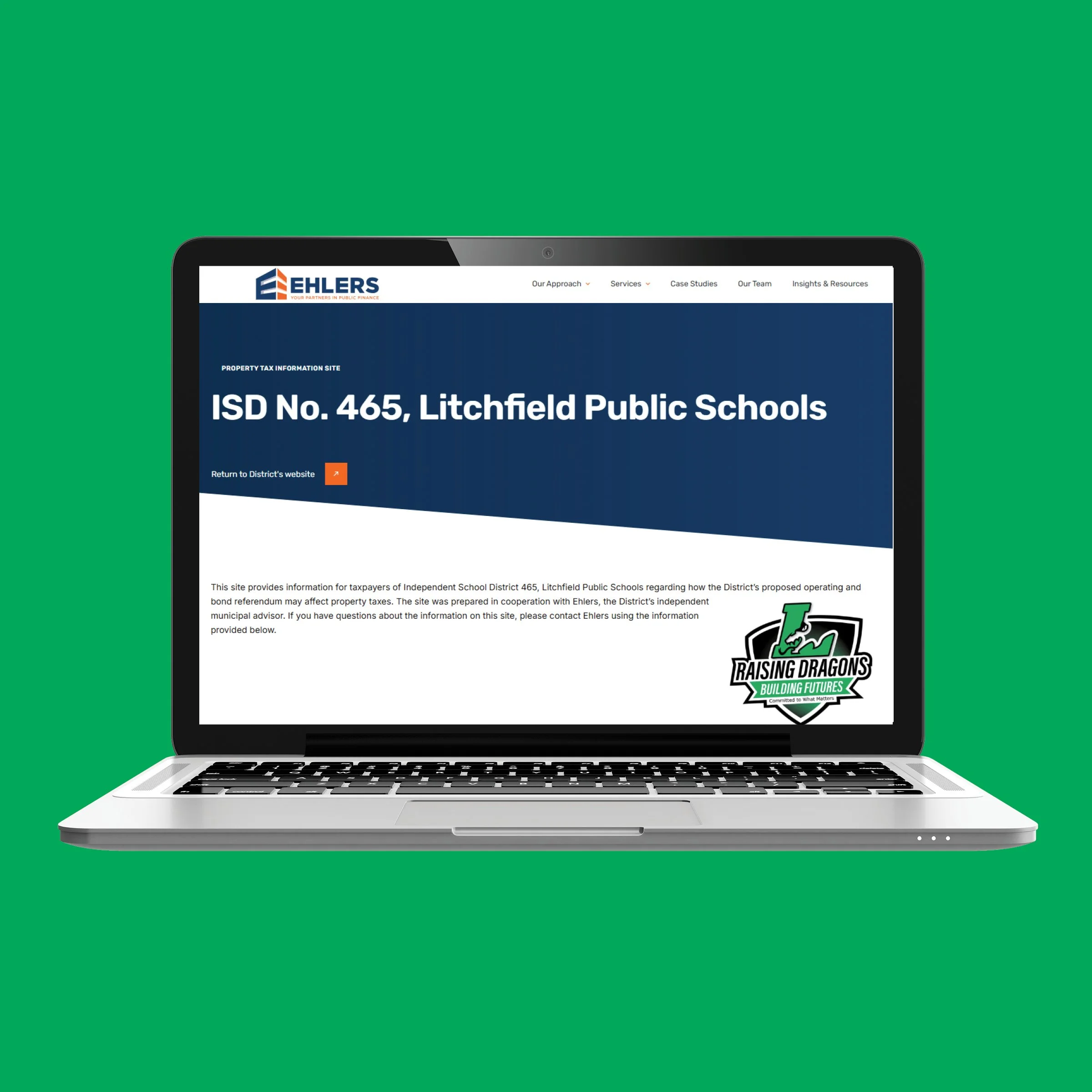 A laptop showing a website for Ehlers public finance with a green background.