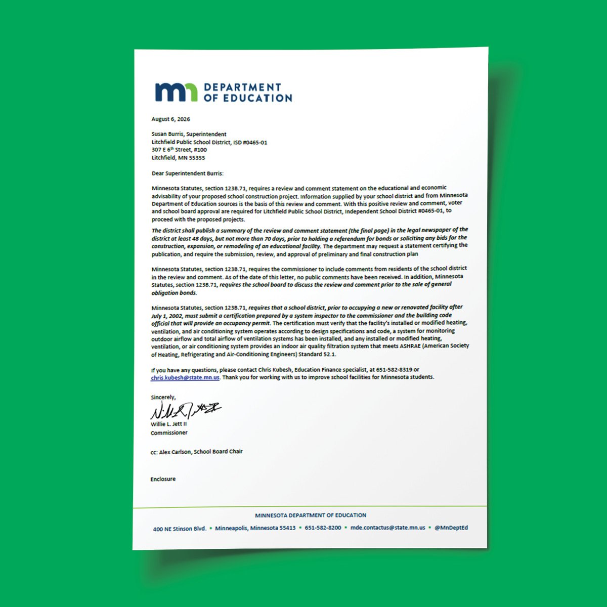 Official letter from the Minnesota Department of Education dated August 6, 2026, discussing school construction project review and approval processes, signed by Willie L. Jett II.