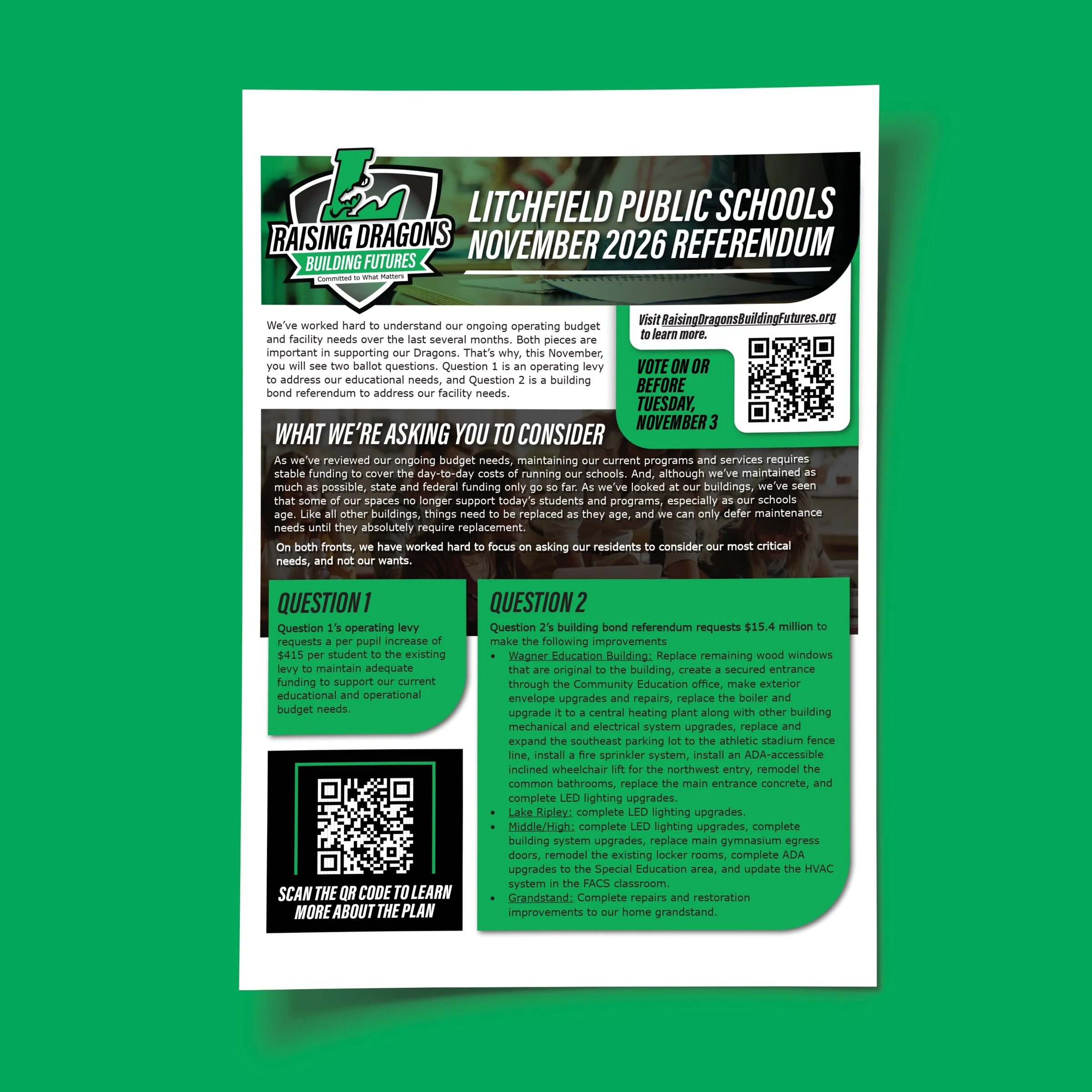 A flyer for Litchfield Public Schools' November 2026 referendum featuring a logo with a dragon and the slogan "Raising Dragons Building Futures" alongside information about voting and a QR code for more details.