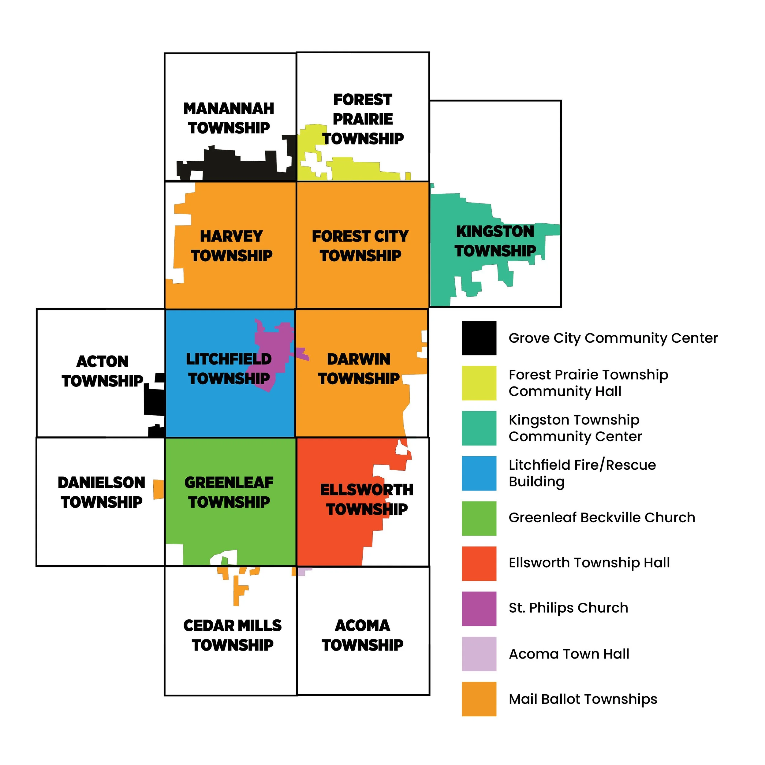 Color-coded map of different townships in Grove City, including Manannah, Forest Prairie, Harvey, Forest City, Kingston, Acoma, Daniels, Greenleaf, Ellsworth, and Cedars Mills. The key shows Election Day polling locations.