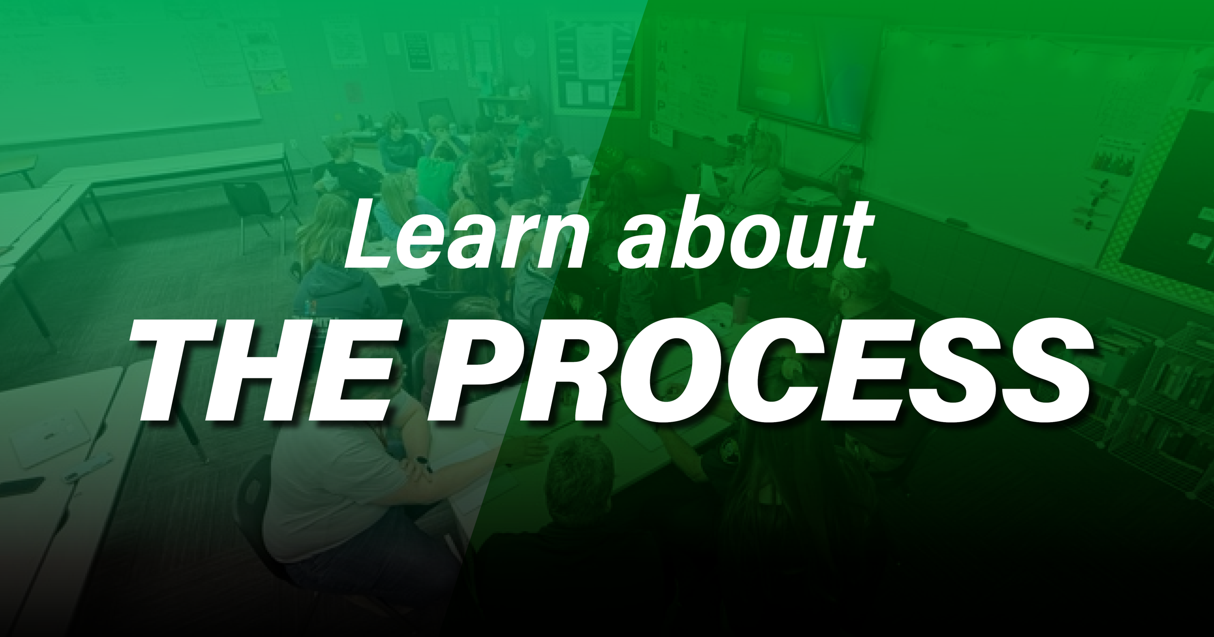 A classroom with students and a teacher, and a green overlay with the text "Learn about the Process" in white.