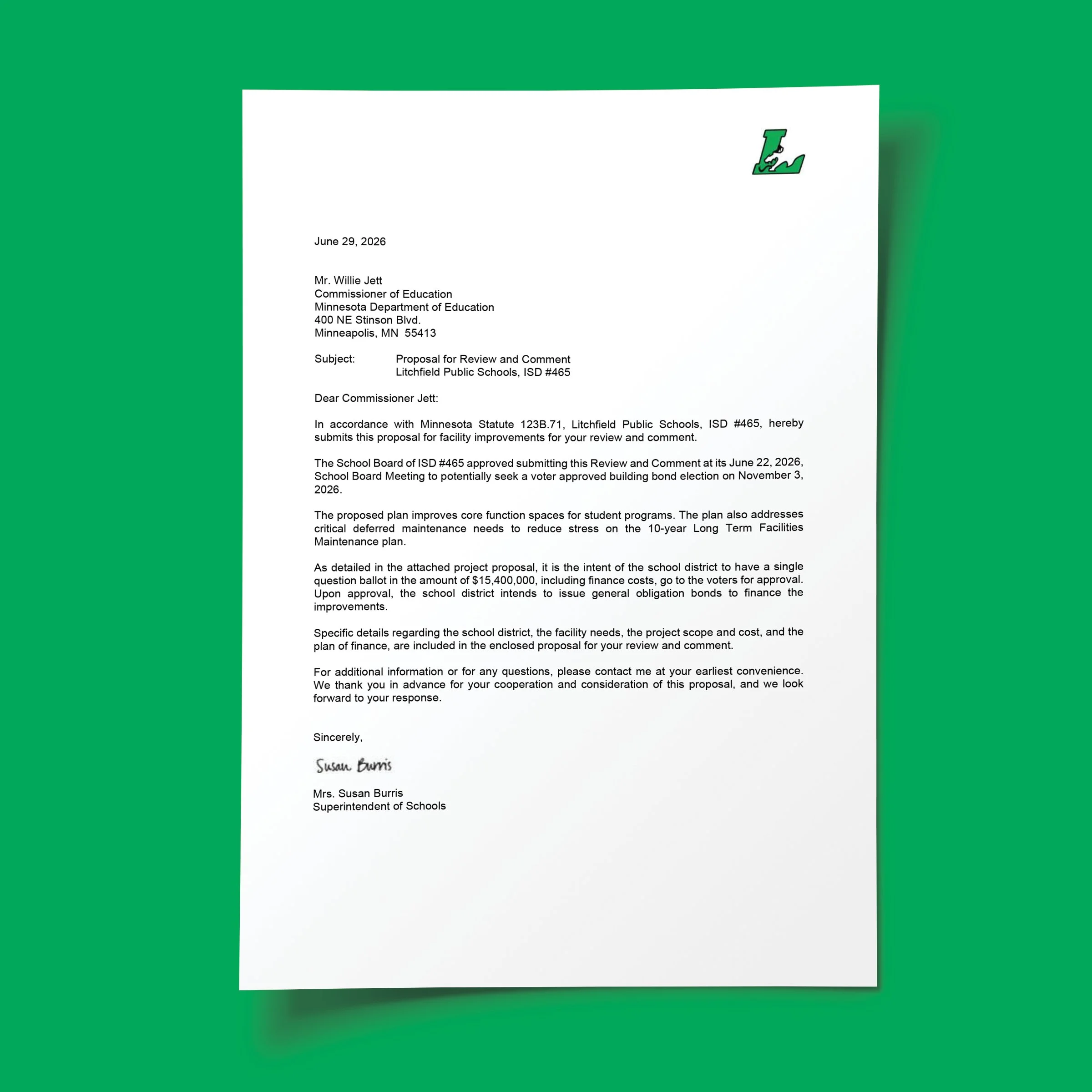A letter from the Minnesota Department of Education addressed to Mr. Willie Jett, dated June 29, 2026, about a proposal for facility improvements for schools in the Litchfield Public Schools District.