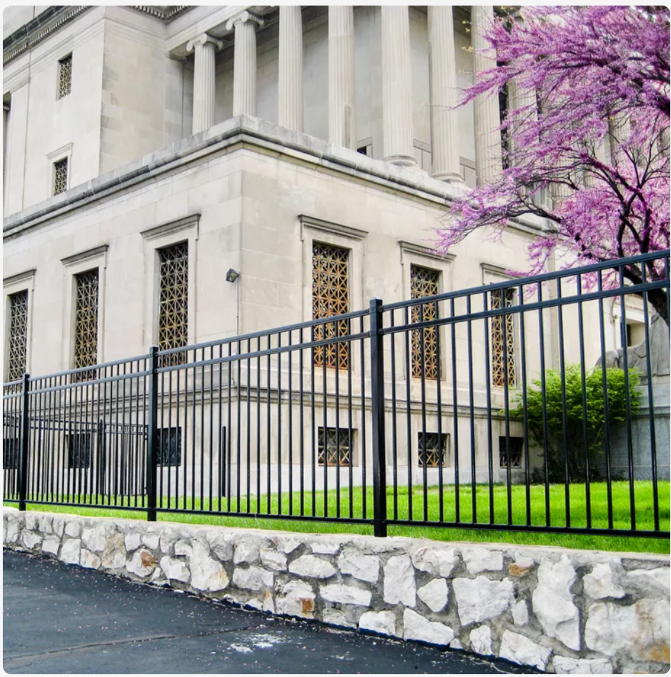View of a historic governmental or institutional building with tall columns and ornate windows, surrounded by a black wrought iron fence and a pink blossoming tree.