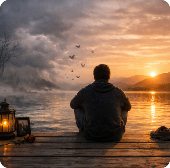 Person sitting on a wooden dock watching a sunset over a lake with birds flying in the sky and mountains in the background, surrounded by candles and photographs.