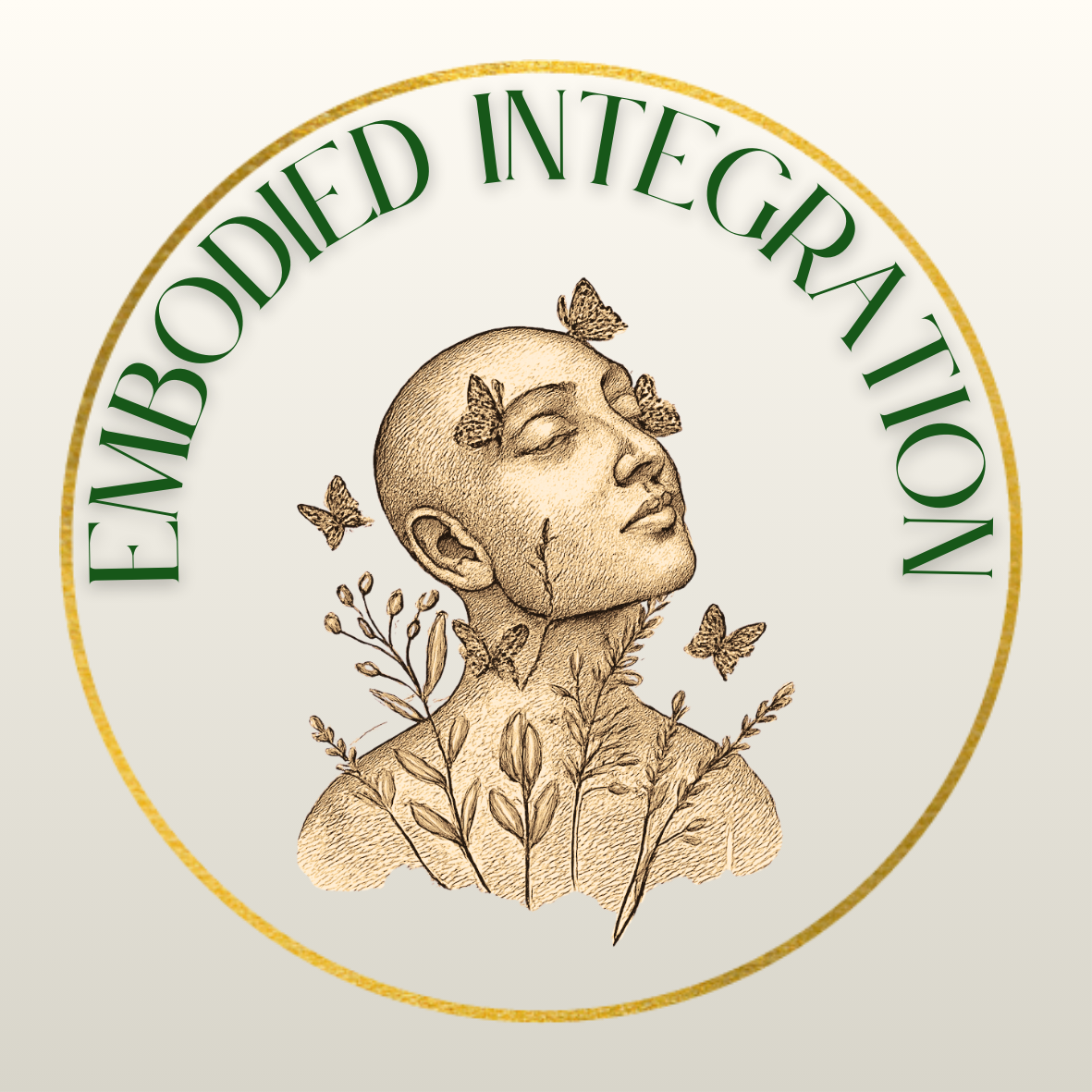 A design with a central illustration of a woman’s face with closed eyes, surrounded by butterflies and botanical elements, with the phrase "Ewovened Integration" circling around in green text and a gold circular border.