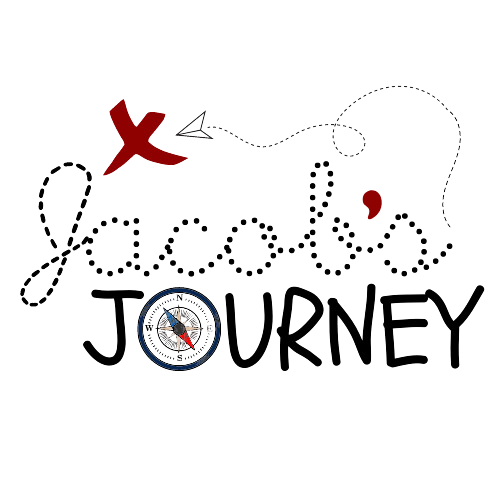 There is a black background with a drawing of a map pin, a cloud, and a lighthouse. The text reads 'X - a cloud', 'Travel Journey' with the 'O' in 'Journey' replaced by a compass.