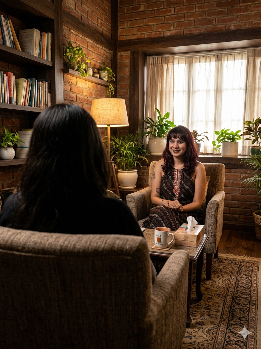 Two women having a conversation in a cozy living room with brick walls, bookshelves, and potted plants. One woman is facing away, the other with dark hair, seated in a chair with a tissue box and cup on the table between them.