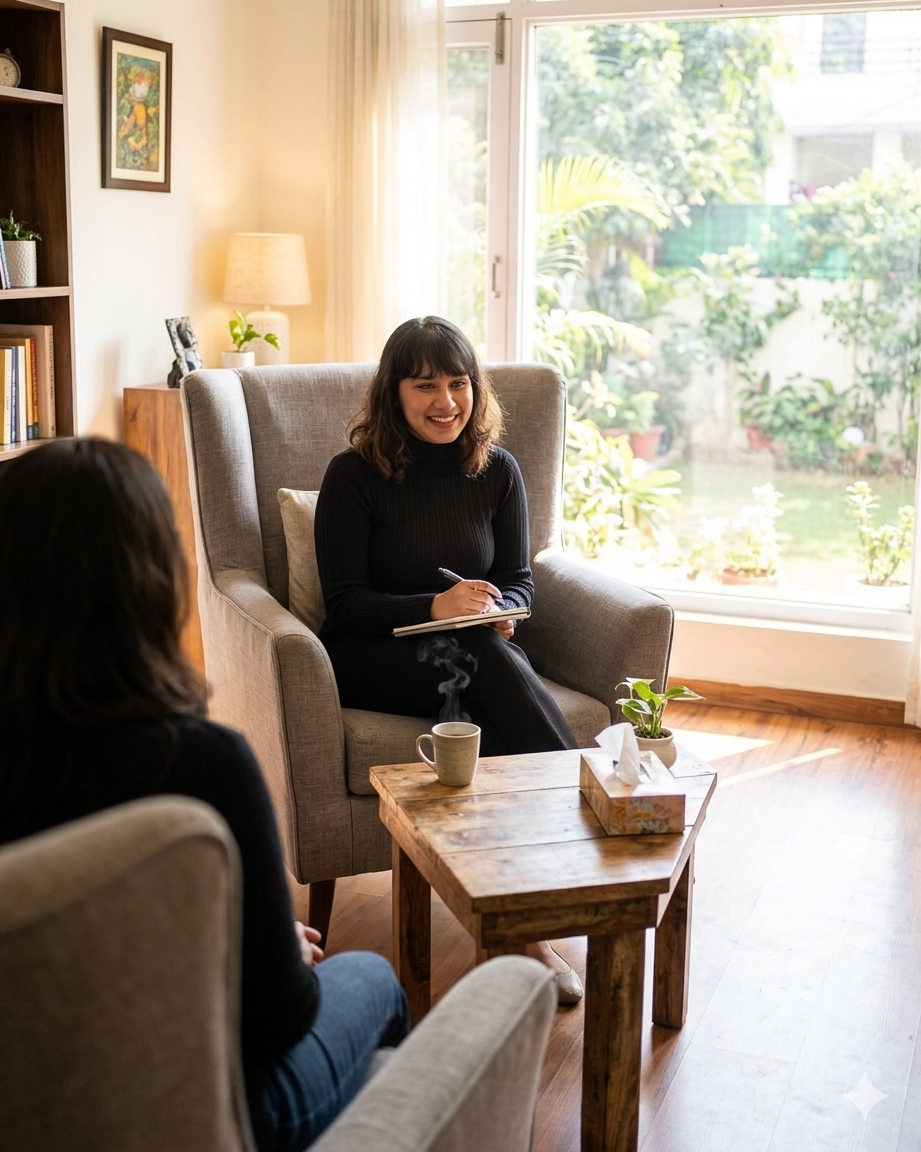 Therapist and patient engaged in conversation in a bright, cozy living room with large window, wooden floor, bookshelf, and plants.