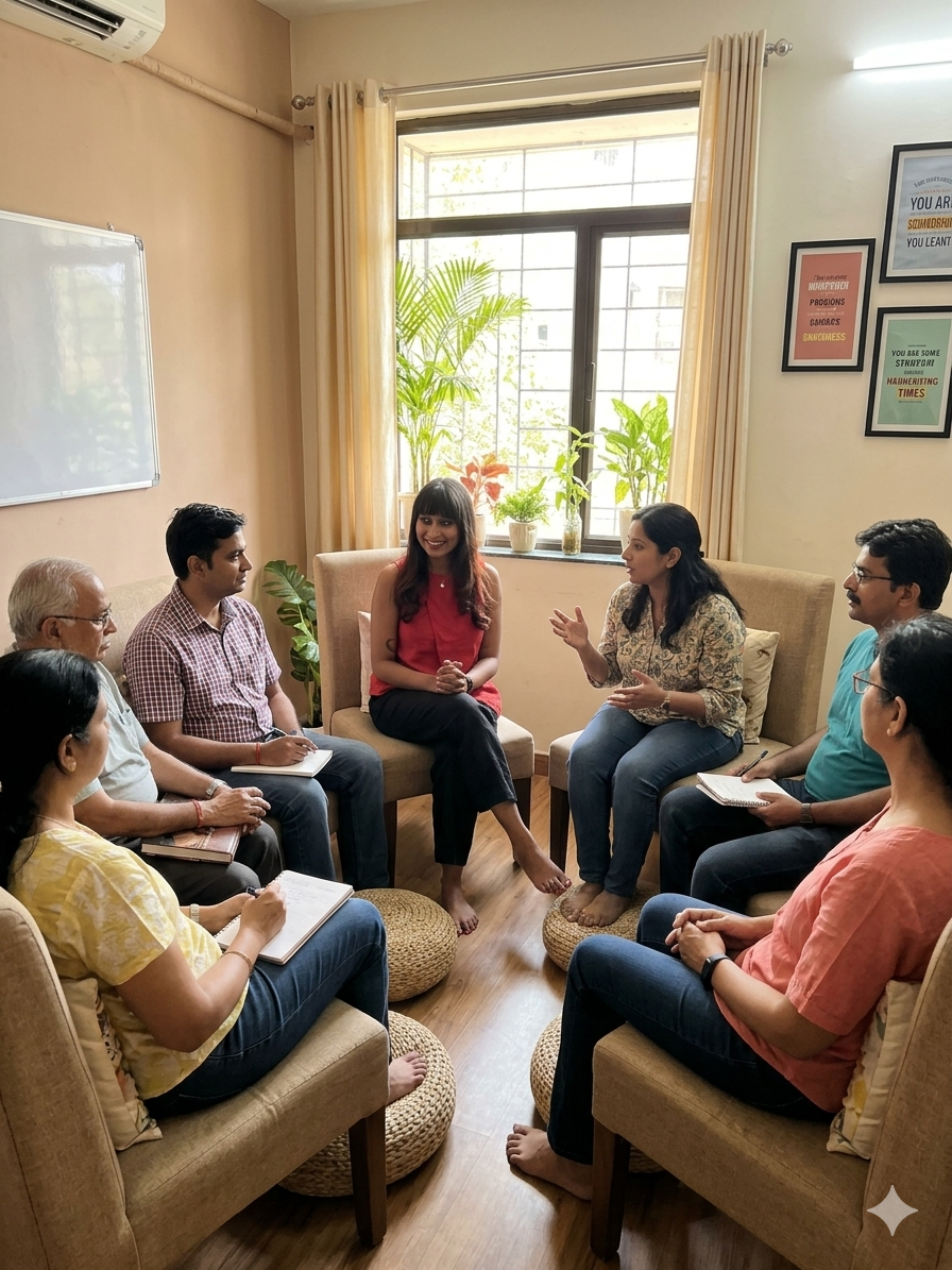 A group of eight people engaged in a discussion in a small, cozy room with a large window, framed pictures, and houseplants.