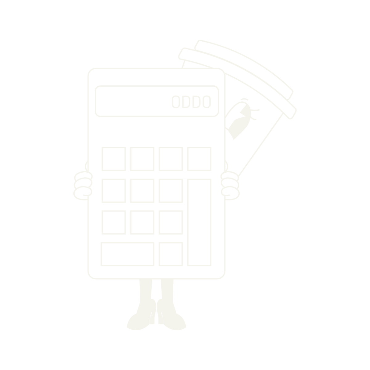 A digital calculator with cartoon arms and legs holding a bucket of tools, with a lettered display reading 'ODDO'.