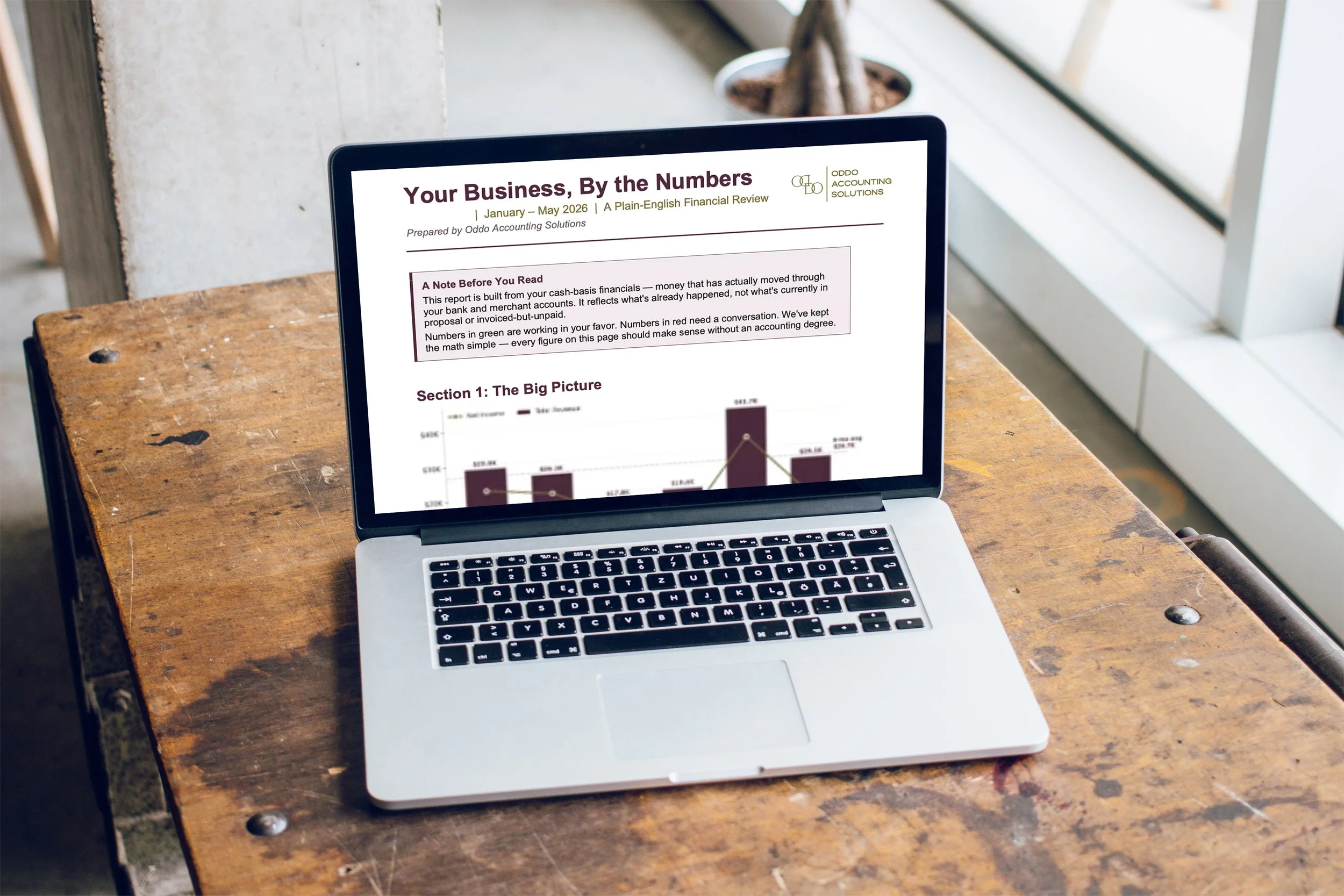 Oddo Accounting Solutions' Business by the Numbers service shown on a laptop screen.