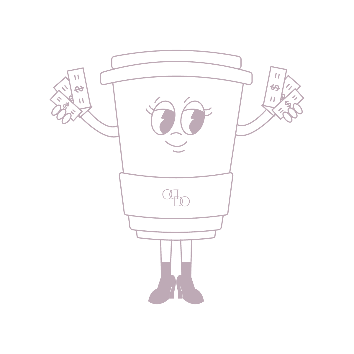A cartoon coffee cup character with big eyes, smiling, holding dollar bills in both hands, wearing boots and a belt with a buckle.