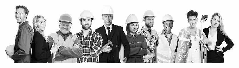 Line-up photo of skilled trade professionals in work uniforms.