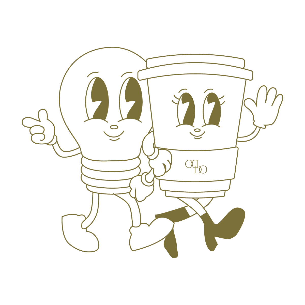 Line art illustration of two animated coffee cups characters with smiling faces, standing together and waving.