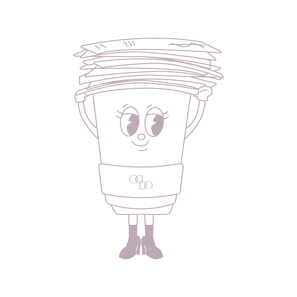 A cartoon cell phone character with a smiling face, holding a stack of papers or magazines above its head, dressed in a skirt and boots.