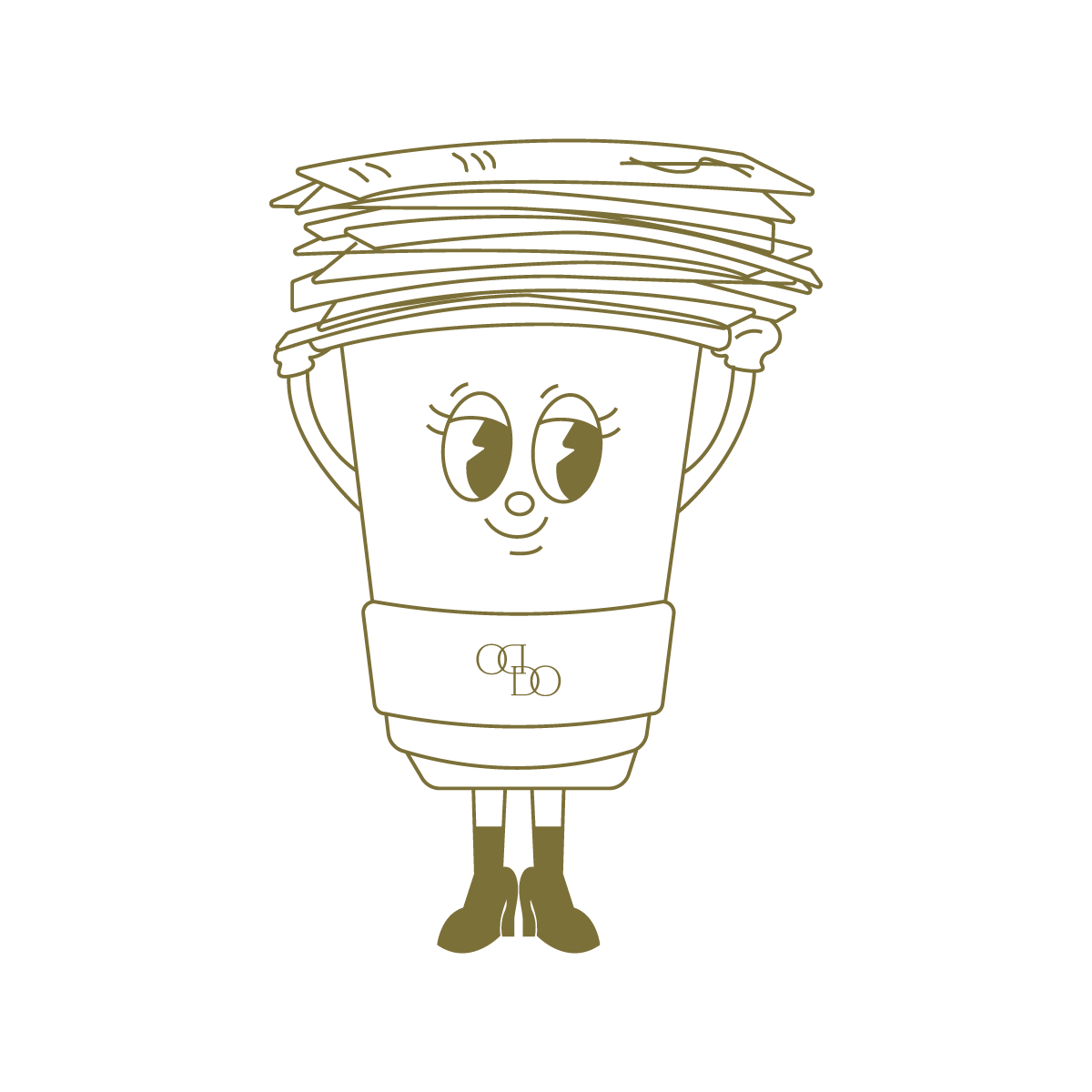 A cartoon illustration of a personified flower pot with face, arms, and legs, holding a stack of papers or clipboards above its head, set against a black background.