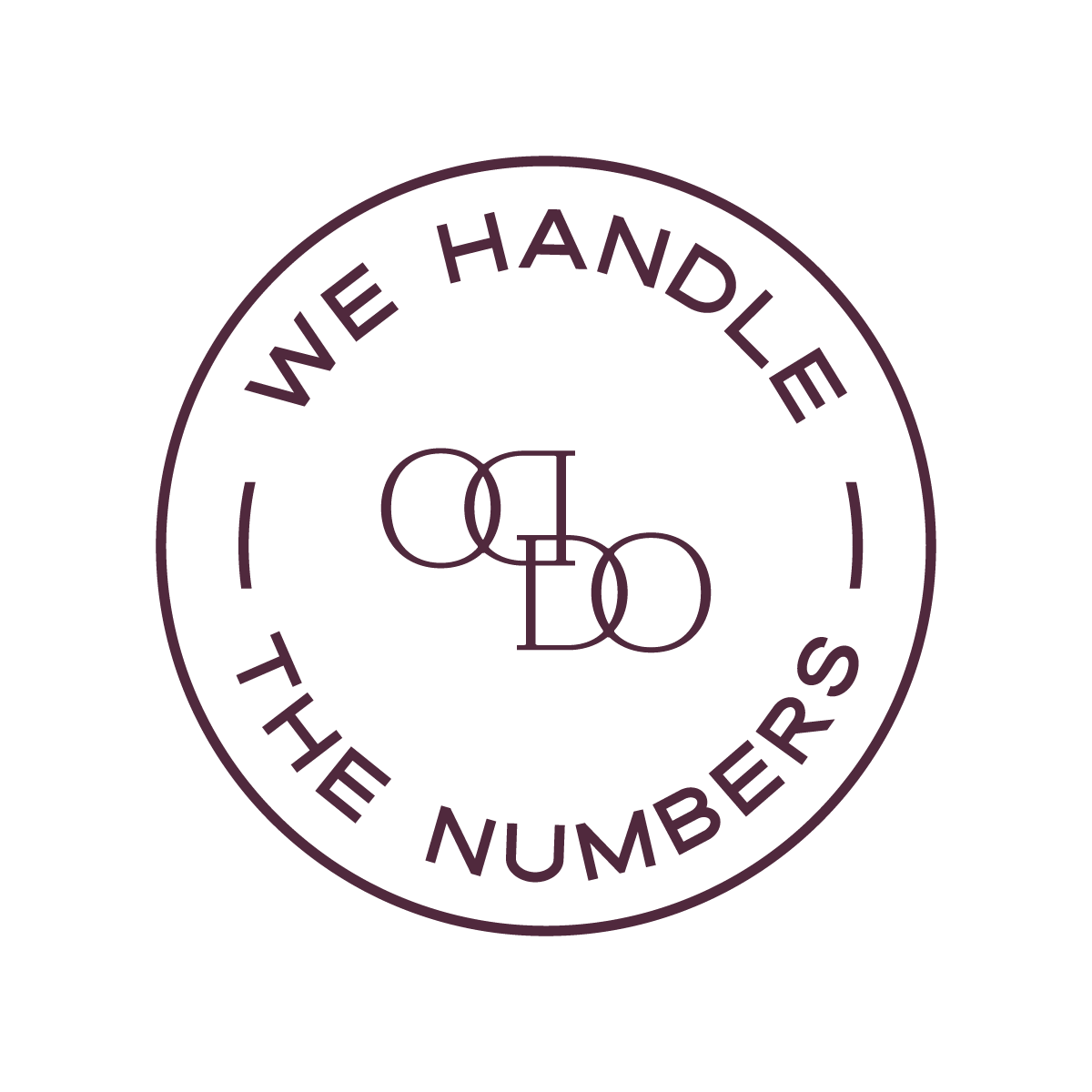 A circular logo with the words 'WE HANDLE THE NUMBERS' around the outer edge. Inside the circle, there are interlocked stylized letters 'O' and 'D'.