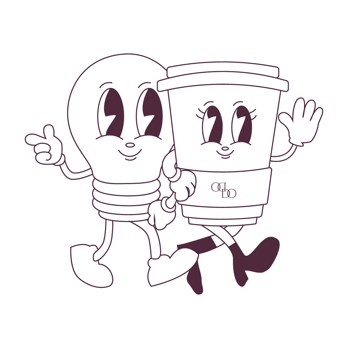 Line drawing of a cartoon coffee cup and light bulb holding hands and smiling, with the coffee cup waving and the light bulb pointing.