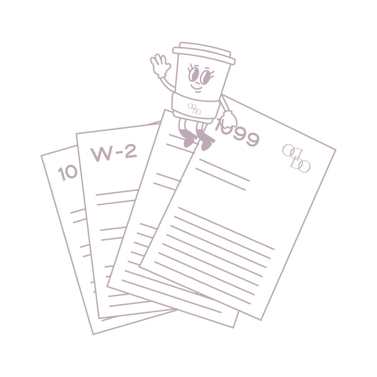 A cartoon coffee cup character with a face, waving, sitting on top of three documents or sheets of paper with technical or mathematical content, including symbols and numbers, set against a black background.