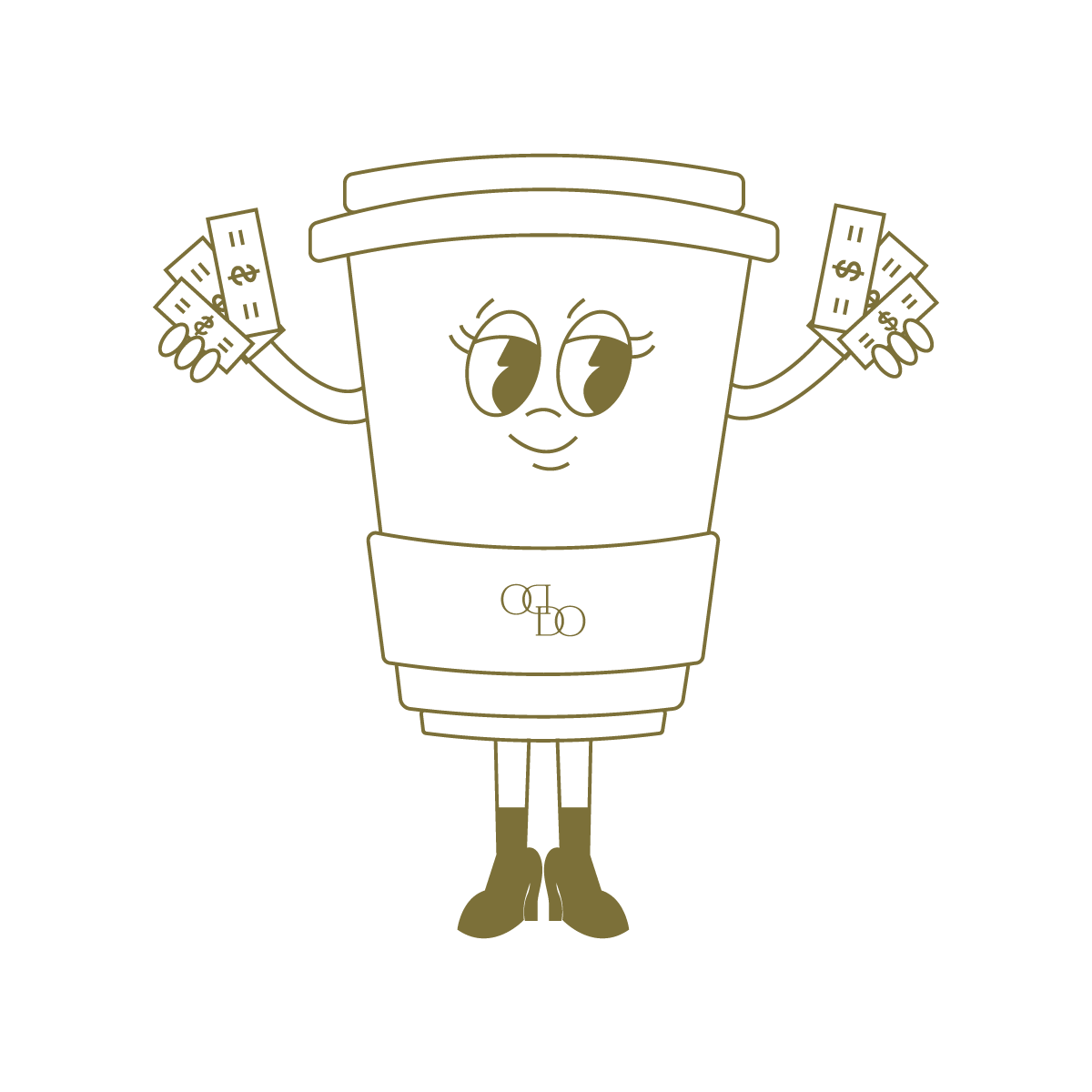 Illustration of a money-saving cup character with a smiling face, holding dollar bills in both hands, wearing boots.