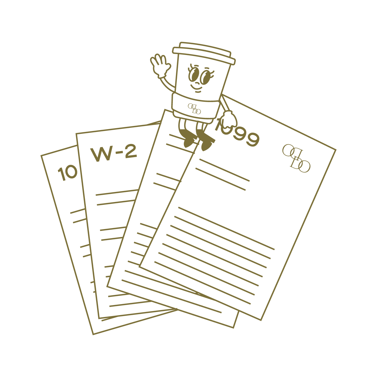 Illustration of a smiling coffee cup mascot with eyes, with documents for legal or official purposes, including W-2, 1099 forms, and a form with a paperclip, on a black background.