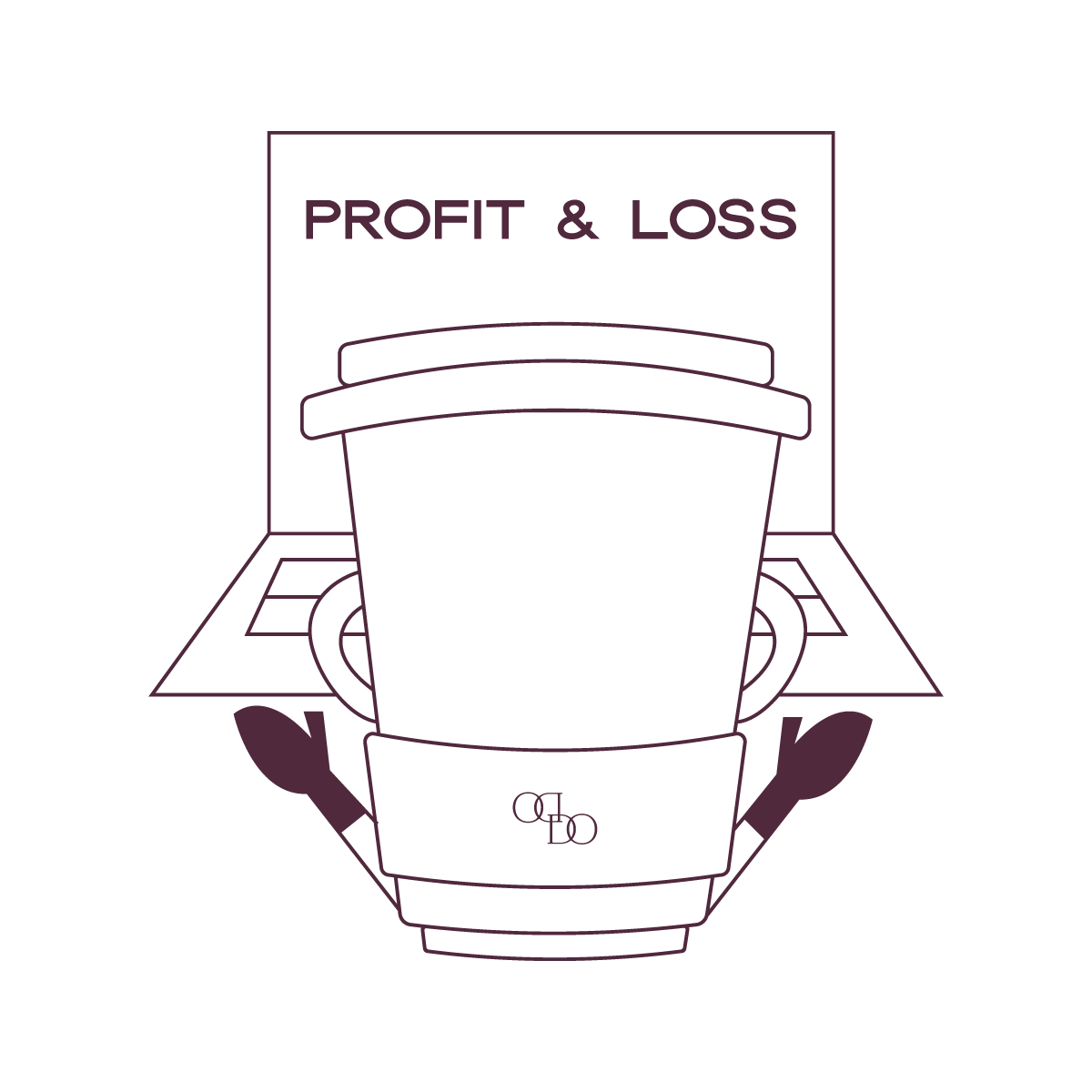 Line drawing of a coffee cup with a handle, placed on a table with napkins on either side, with a sign behind it reading 'Profit & Loss'.