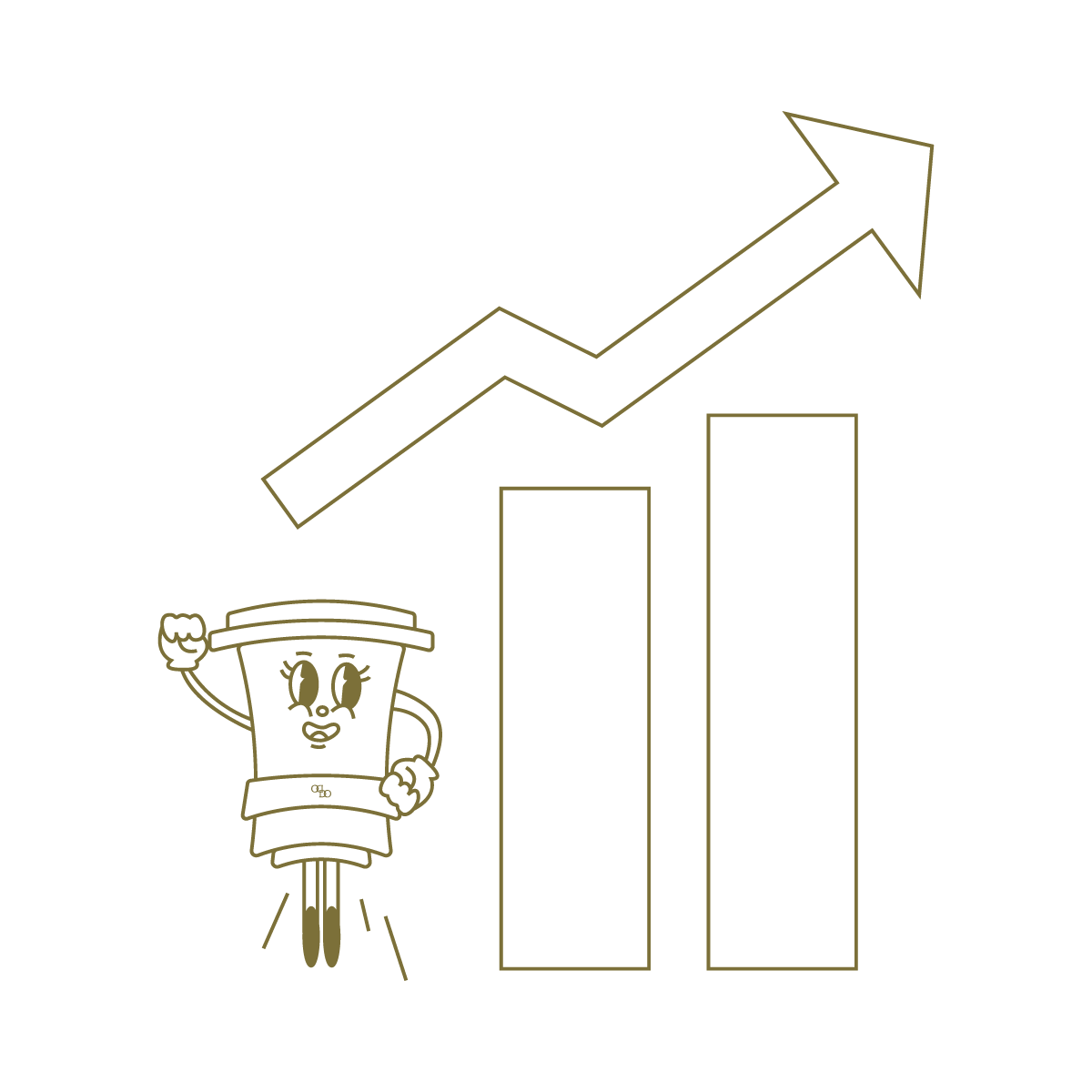 A cartoon coffee cup with a smiling face, arms, and legs, holding its fist up, standing next to two bar graphs with an upward-pointing arrow indicating growth.