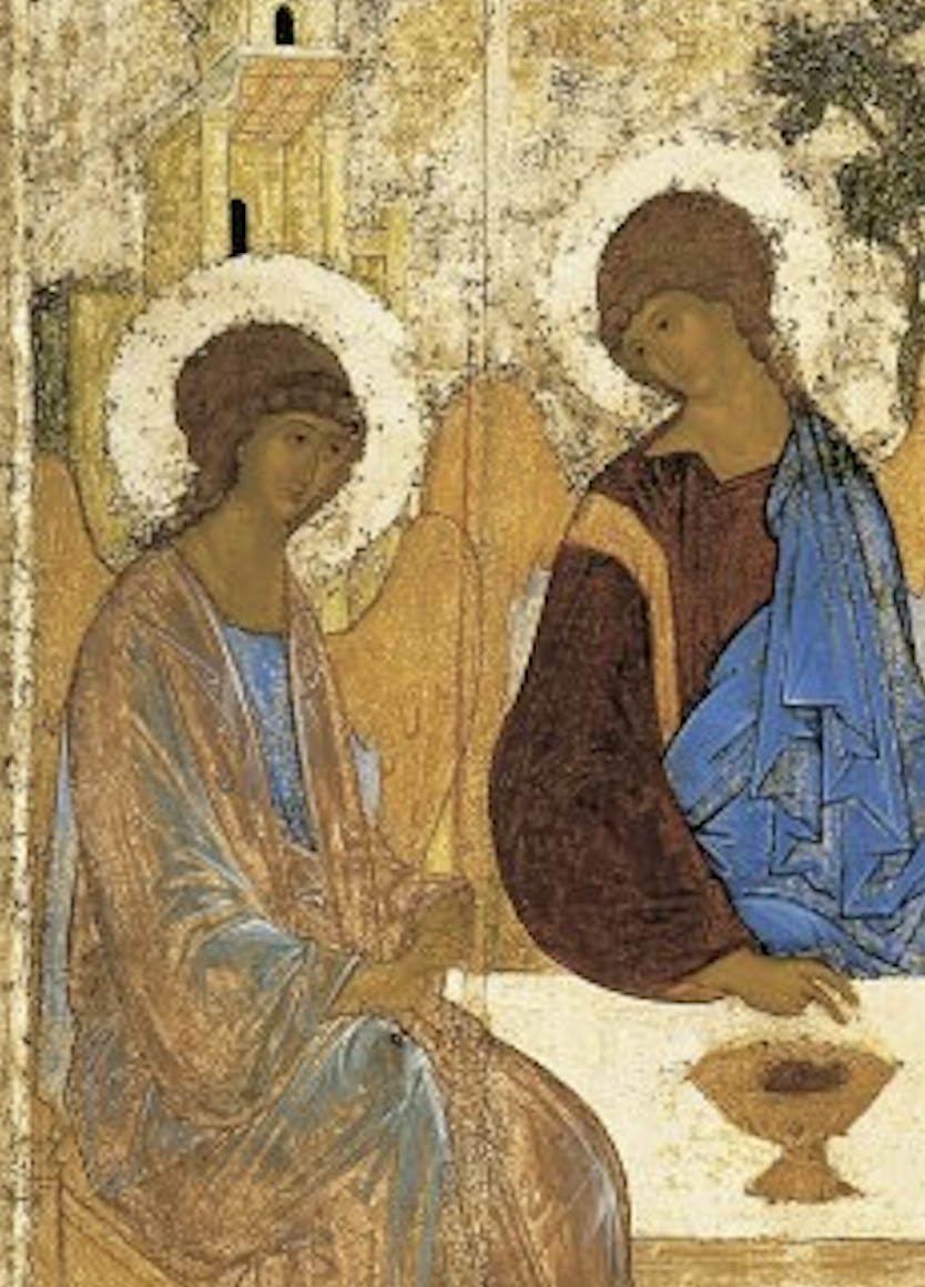 A portion of Andrei Rublev's "The Trinity"-an ancient Christian icon depicting two angelic beings with halos, one seated  and the other standing, engaged in a religious scene with a vessel in front of them.