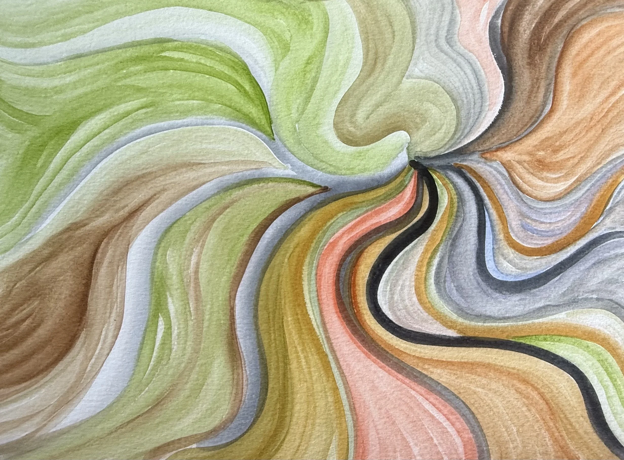 Dr. Nancy Flagg "Unfurling" Abstract painting with swirling patterns in shades of green, beige, orange, black, and pink.