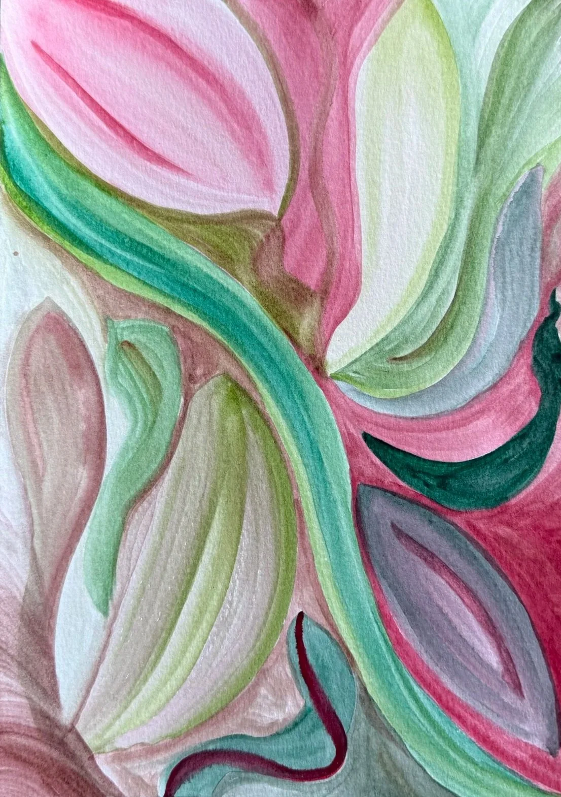 Dr. Nancy Flagg "Tulip" Abstract watercolor painting with swirling, flowing lines in shades of pink, green, blue, and gray.