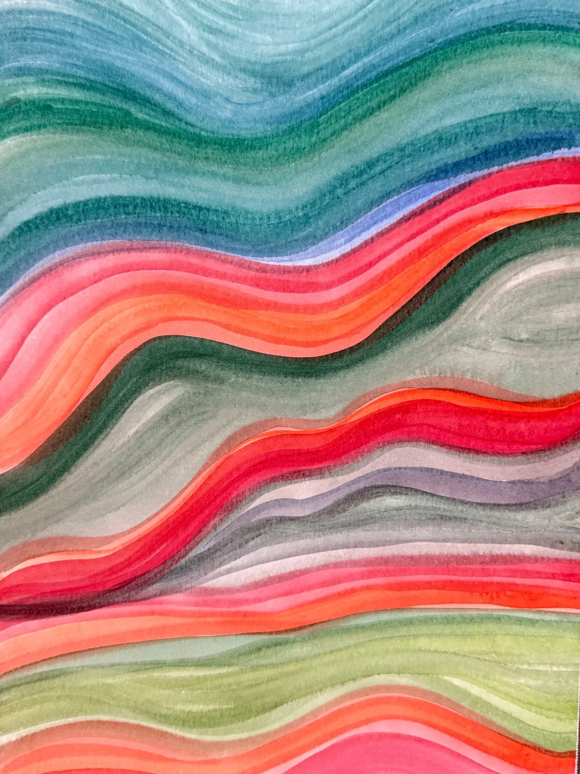 Dr. Nancy Flagg "Dominica Sunset" Abstract watercolor painting with wavy horizontal bands of colors including green, blue, red, pink, and gray.