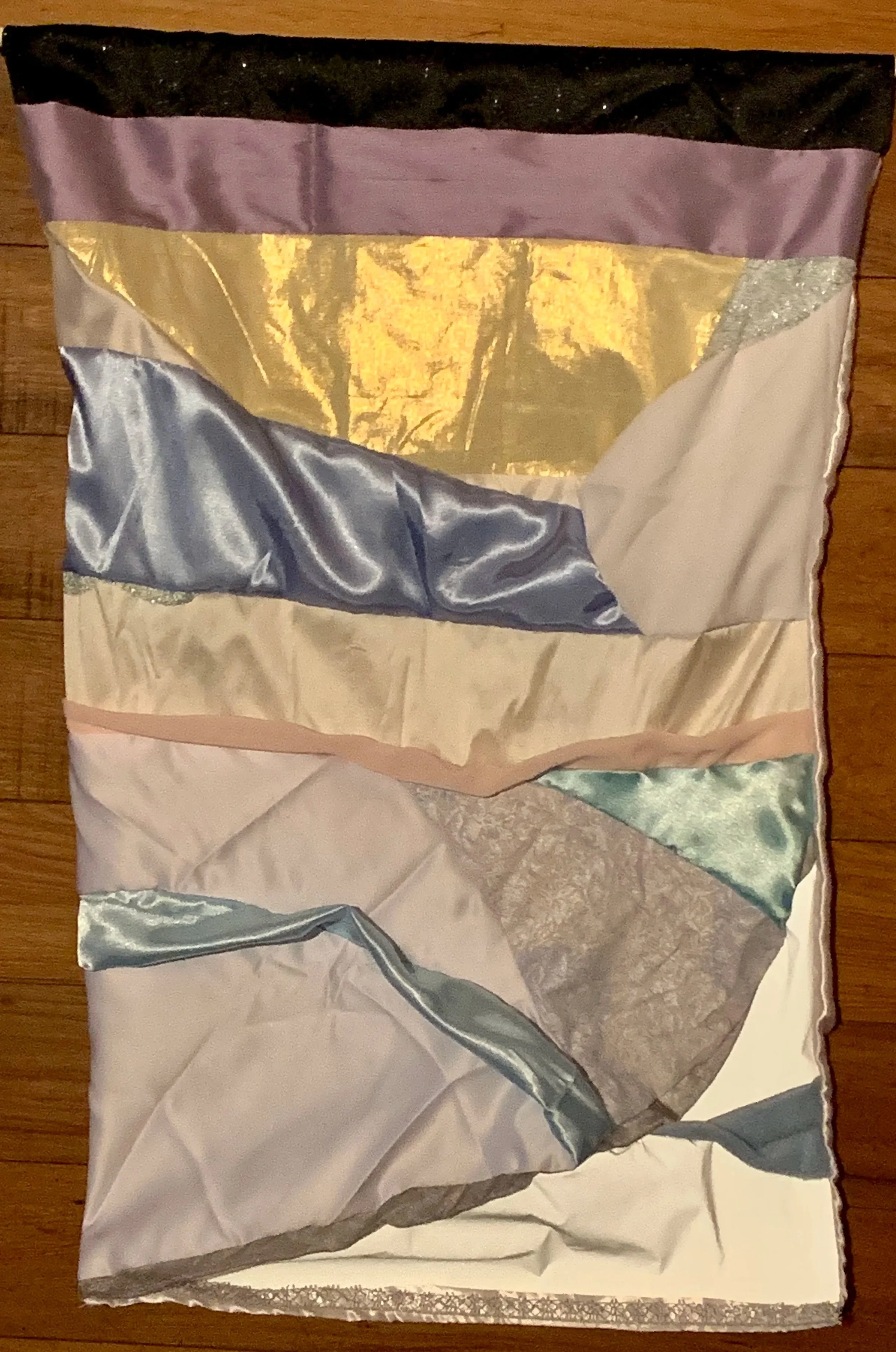 Dr. Nancy Flagg, "Winter" Fiber Art piece, blues, purples, whites, silver, gold shimmering silks and satins