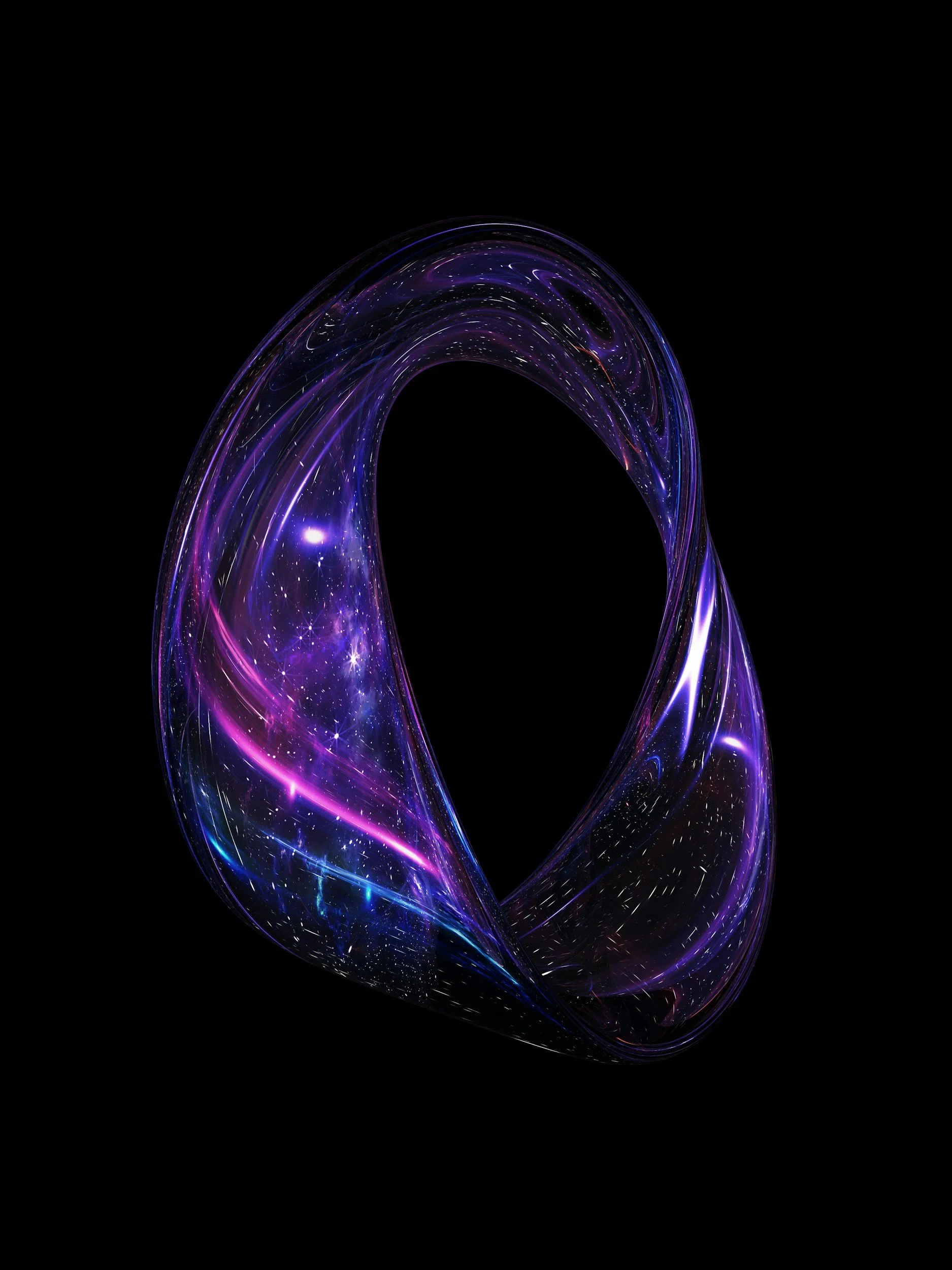 Abstract digital artwork featuring swirling purple and blue light streaks on a black background.