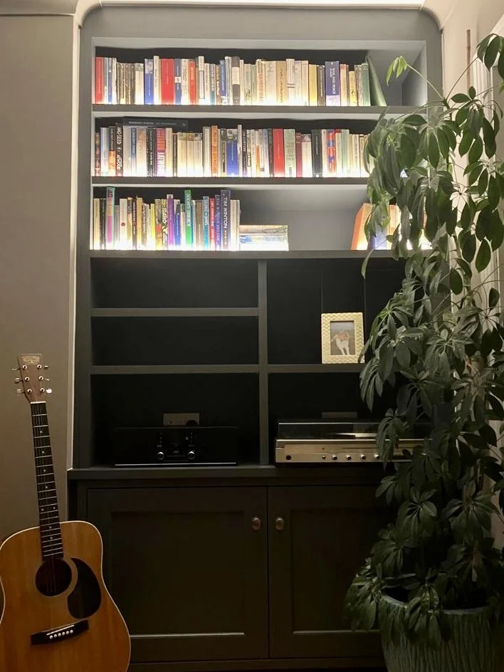 A black bookshelf filled with books, a potted plant on the right, a framed photo, a guitar on the left, and some audio equipment on the lower shelves.