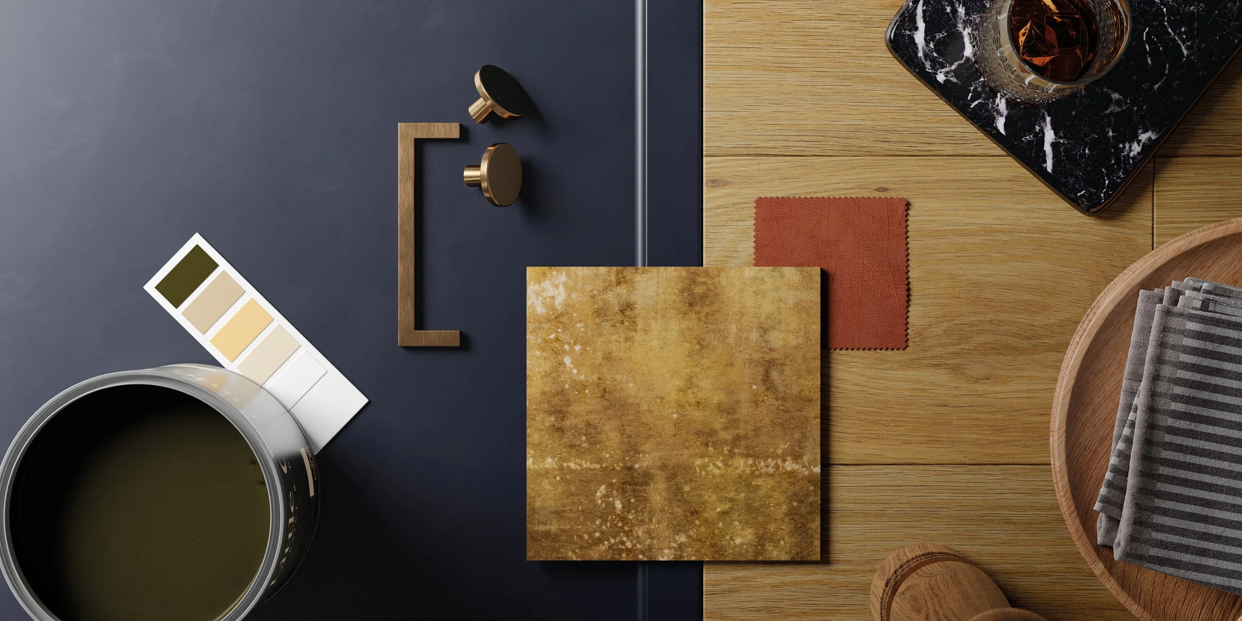 Interior design mood board featuring fabric swatches, paint color samples, a wooden tray with gray and white striped napkins, a cup of dark coffee, and a glass of dark beverage with ice, set on a wooden and blue surface.