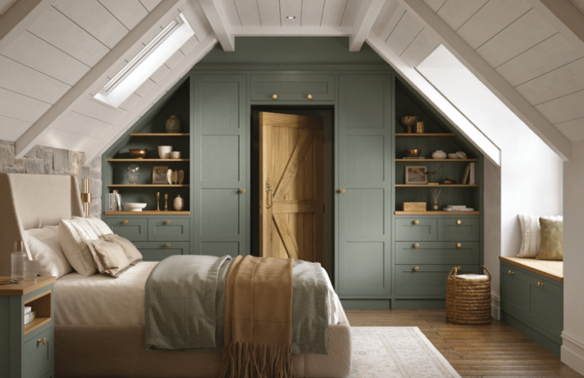 A cozy attic bedroom with a sloped ceiling, skylights, a built-in bed with beige and white bedding, and built-in green cabinetry with open shelves and drawers on either side of a wooden door.
