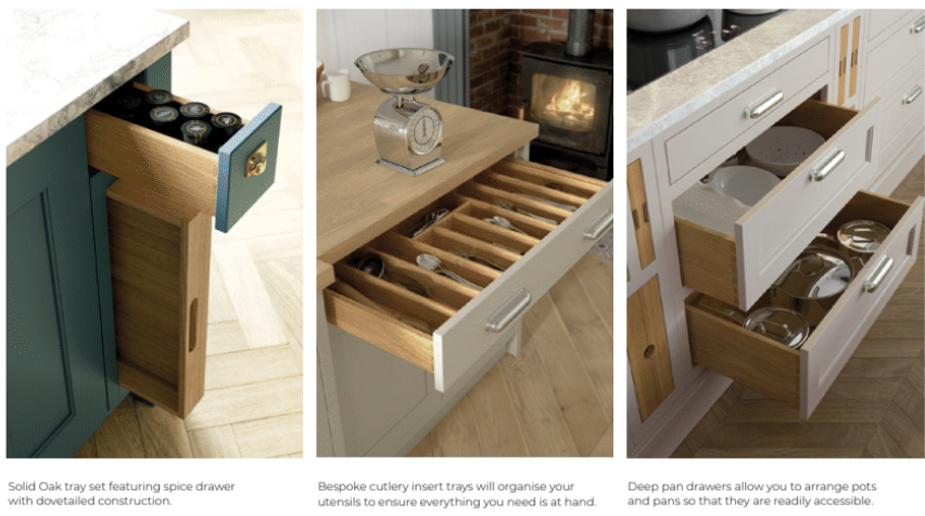 Close-up of kitchen drawers filled with spices, utensils, and pots, with organized kitchen countertops and cabinets.
