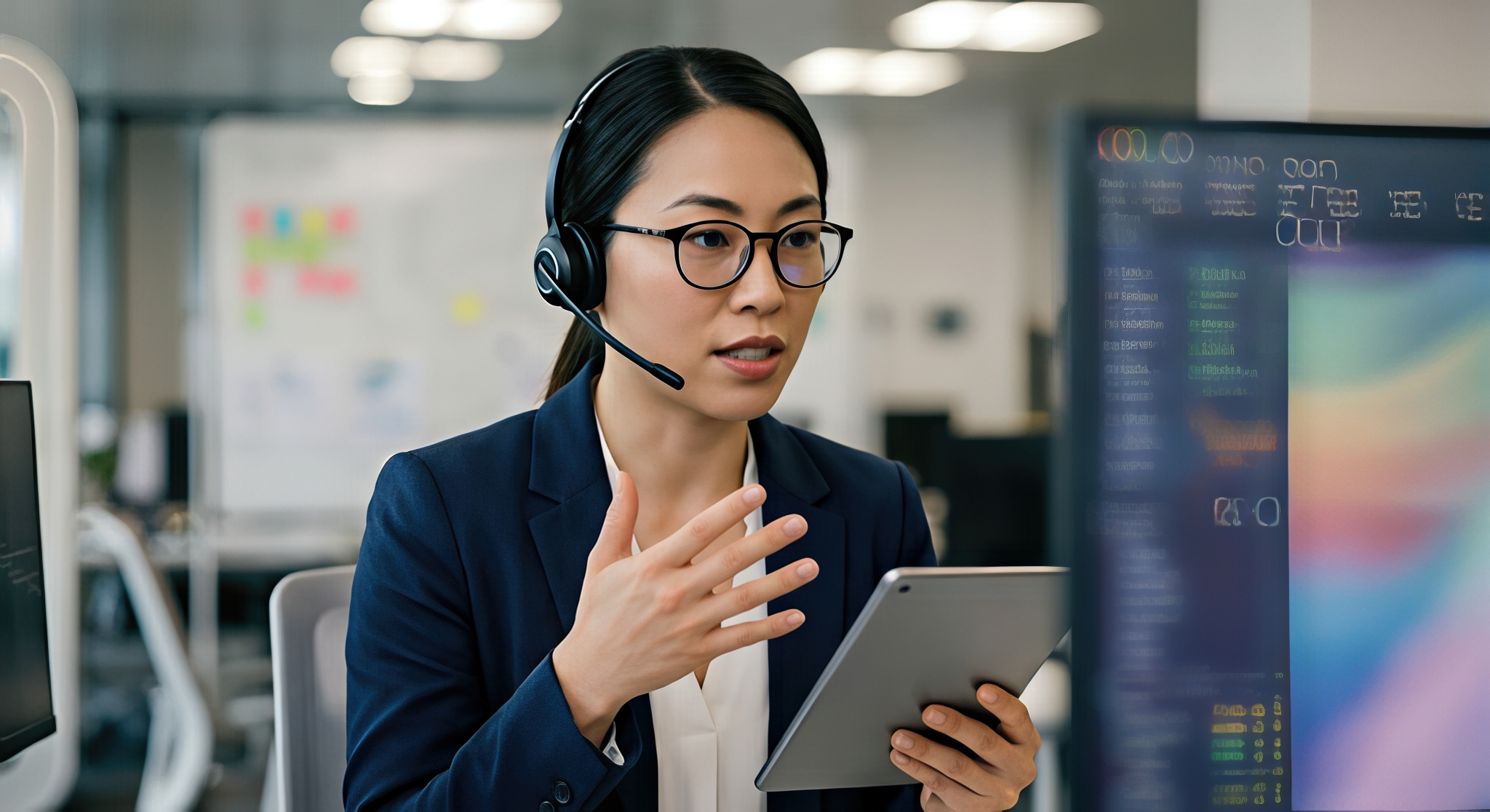 A woman in a business suit wearing a headset and glasses, looking at a tablet, in an office with multiple computer monitors and a whiteboard in the background.