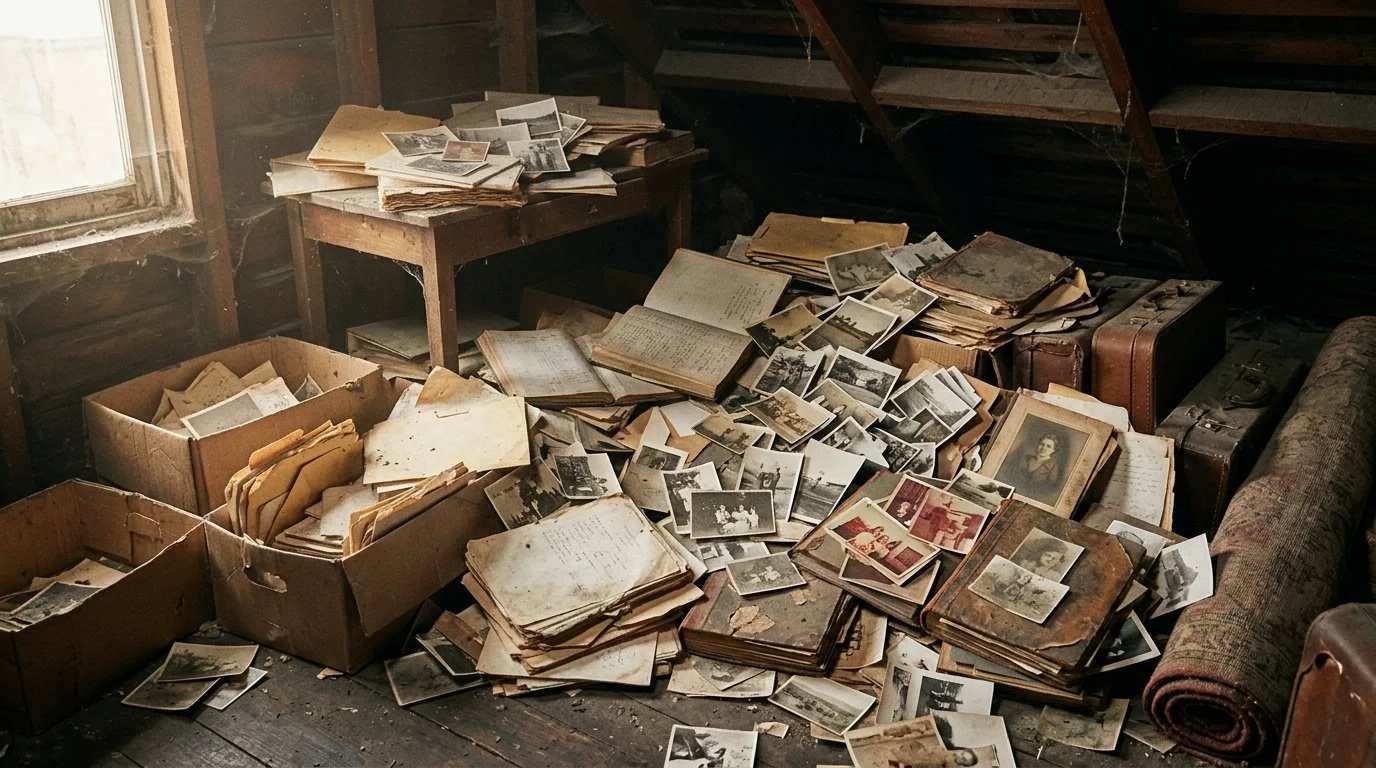 Old, dusty attic with scattered photographs, albums, and boxes on the floor, a small table against the wall with more photos, a rolled-up rug, and a window with peeling paint.