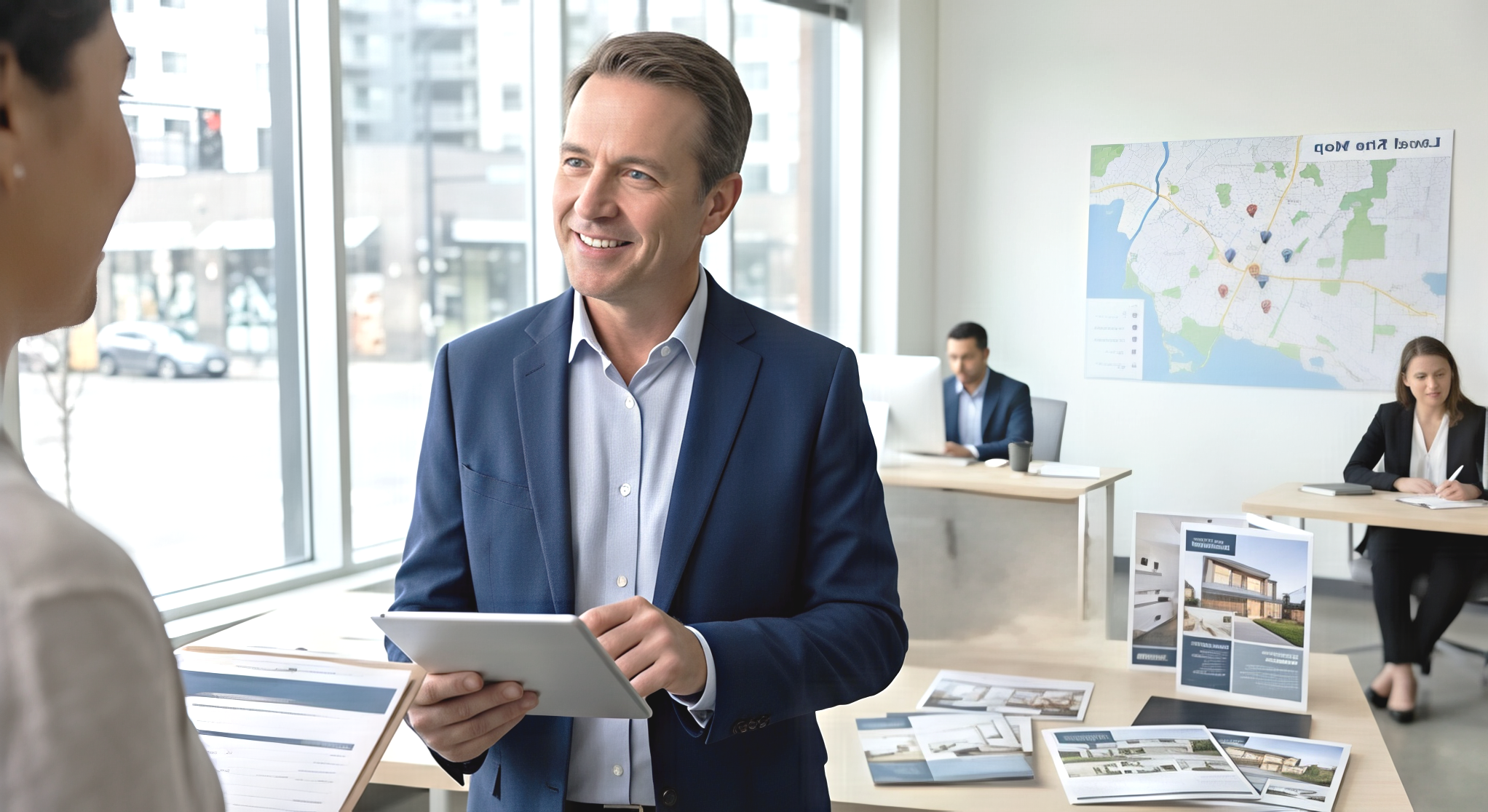 Business professionals in a meeting room discussing, with a man in a blue suit smiling and holding a tablet, and women sitting at a desk with presentation materials, large windows in the background, and a map on the wall.