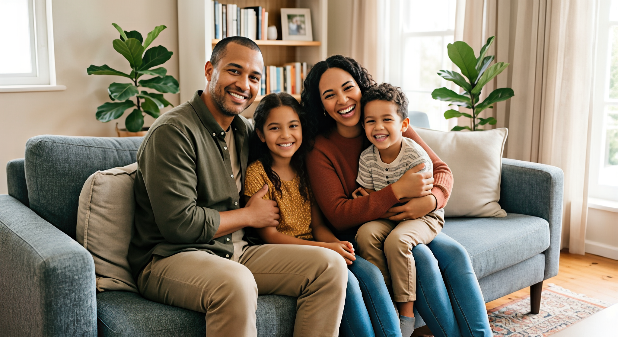 Happy multiracial family sitting on a blue sofa in a bright living room, smiling and embracing each other.